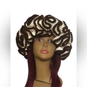 Brown and White Handmade Crochet Ruffle  Hat